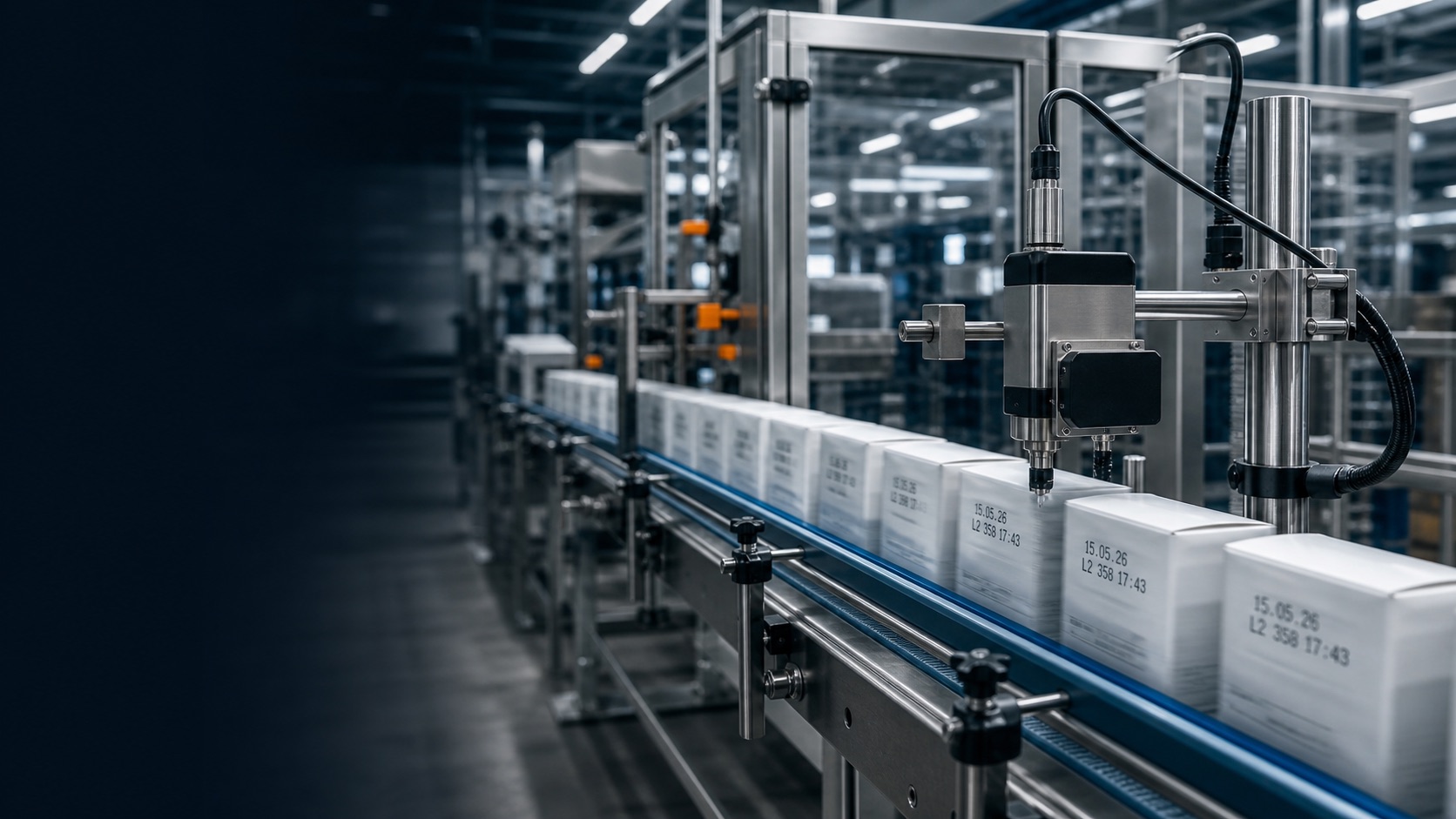 Impresora industrial de marcaje operando junto a una linea de produccion moderna